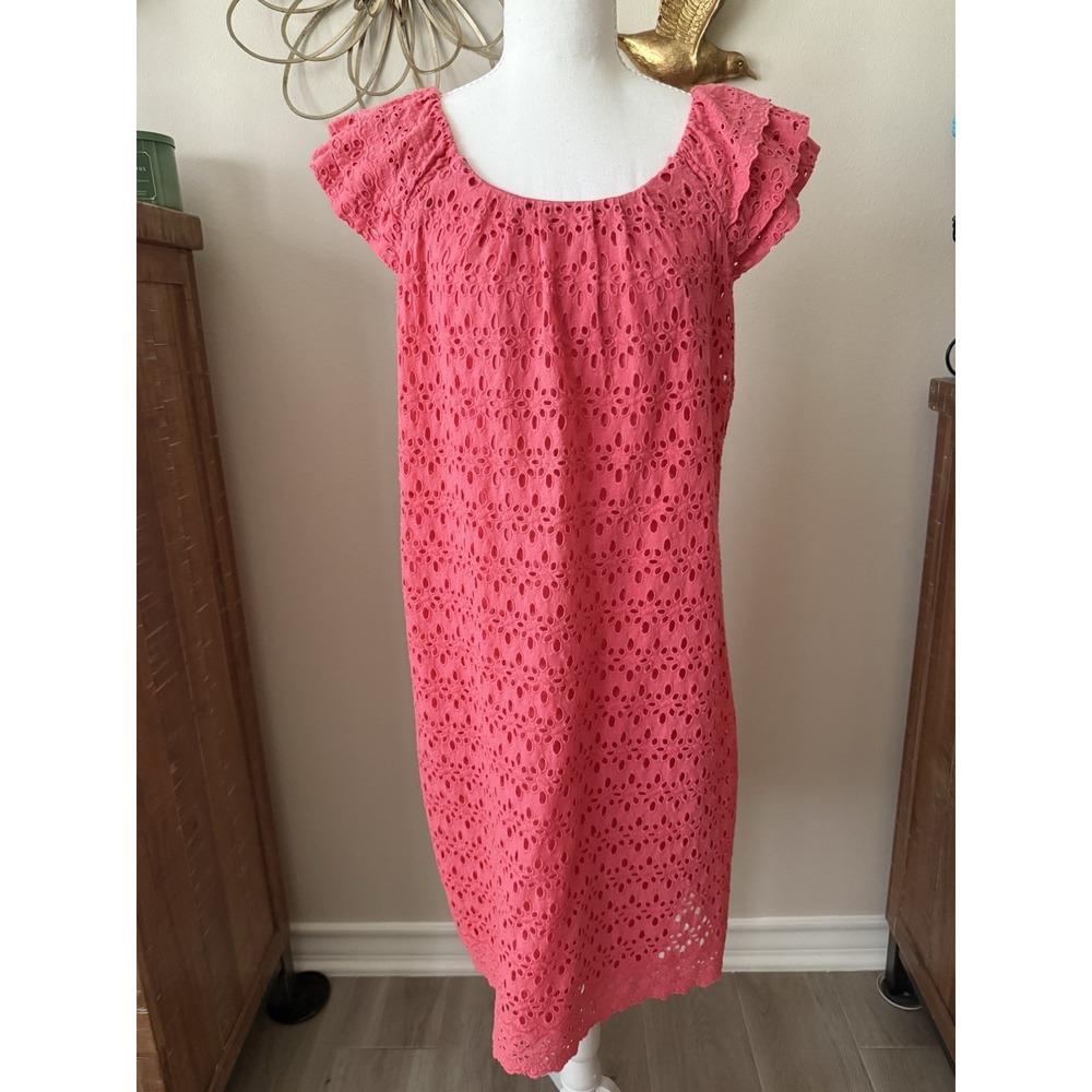 Eyelet Dress Womens 14 Coral Pink Cotton Shift Ruffle Sleeve Lined Summer
